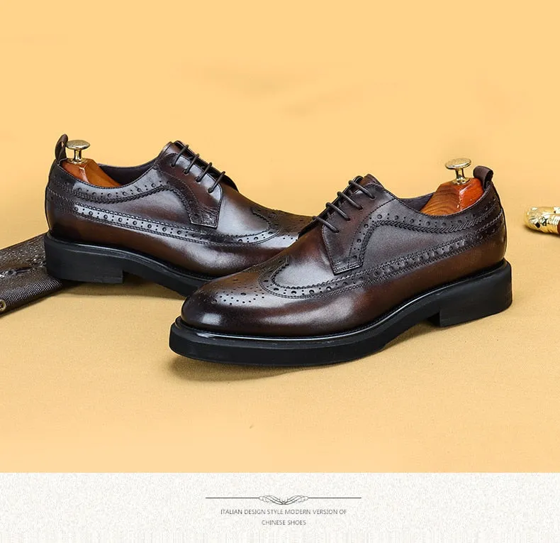Men Casual Leather Shoes Fashion Classic Brogues Luxury Genuine Leather Handmade Thick Heels Black Male Wedding Formal Shoes