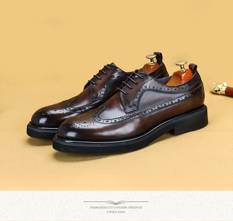 Men Casual Leather Shoes Fashion Classic Brogues Luxury Genuine Leather Handmade Thick Heels Black Male Wedding Formal Shoes