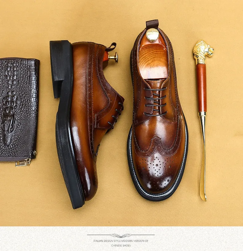Men Casual Leather Shoes Fashion Classic Brogues Luxury Genuine Leather Handmade Thick Heels Black Male Wedding Formal Shoes