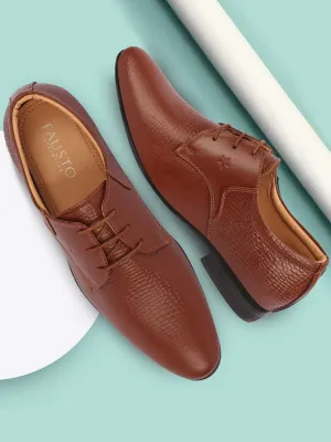 Men Tan Formal Leather Embossed Office Lace Up Shoes