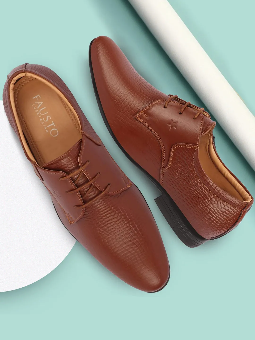 Men Tan Formal Leather Embossed Office Lace Up Shoes