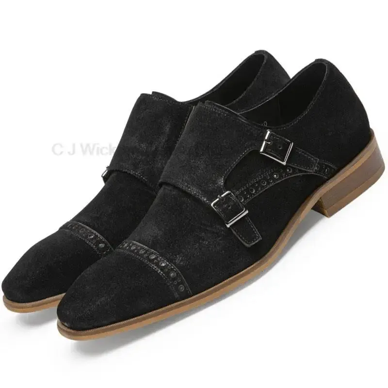 Mens Oxford Shoes Genuine Leather Suede Casual Shoes Cap Toe Double Buckle Monk Strap Classic Dress Shoes Black Brown Shoes Men