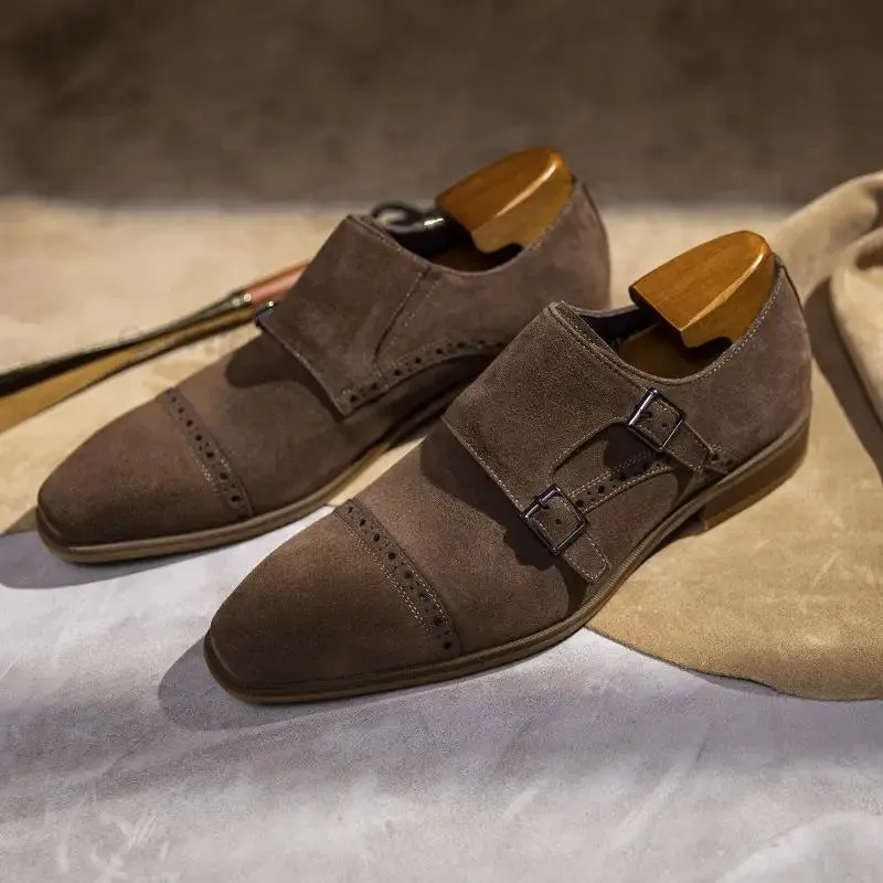 Mens Oxford Shoes Genuine Leather Suede Casual Shoes Cap Toe Double Buckle Monk Strap Classic Dress Shoes Black Brown Shoes Men