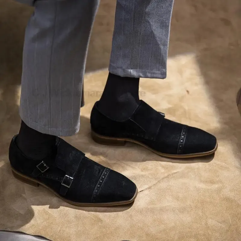 Mens Oxford Shoes Genuine Leather Suede Casual Shoes Cap Toe Double Buckle Monk Strap Classic Dress Shoes Black Brown Shoes Men