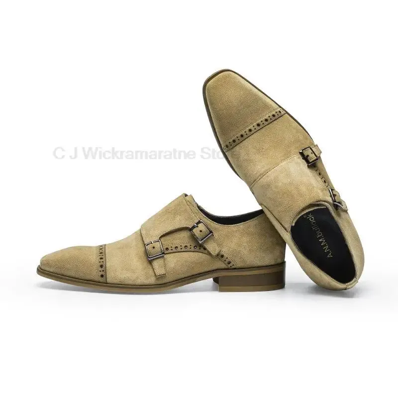 Mens Oxford Shoes Genuine Leather Suede Casual Shoes Cap Toe Double Buckle Monk Strap Classic Dress Shoes Black Brown Shoes Men
