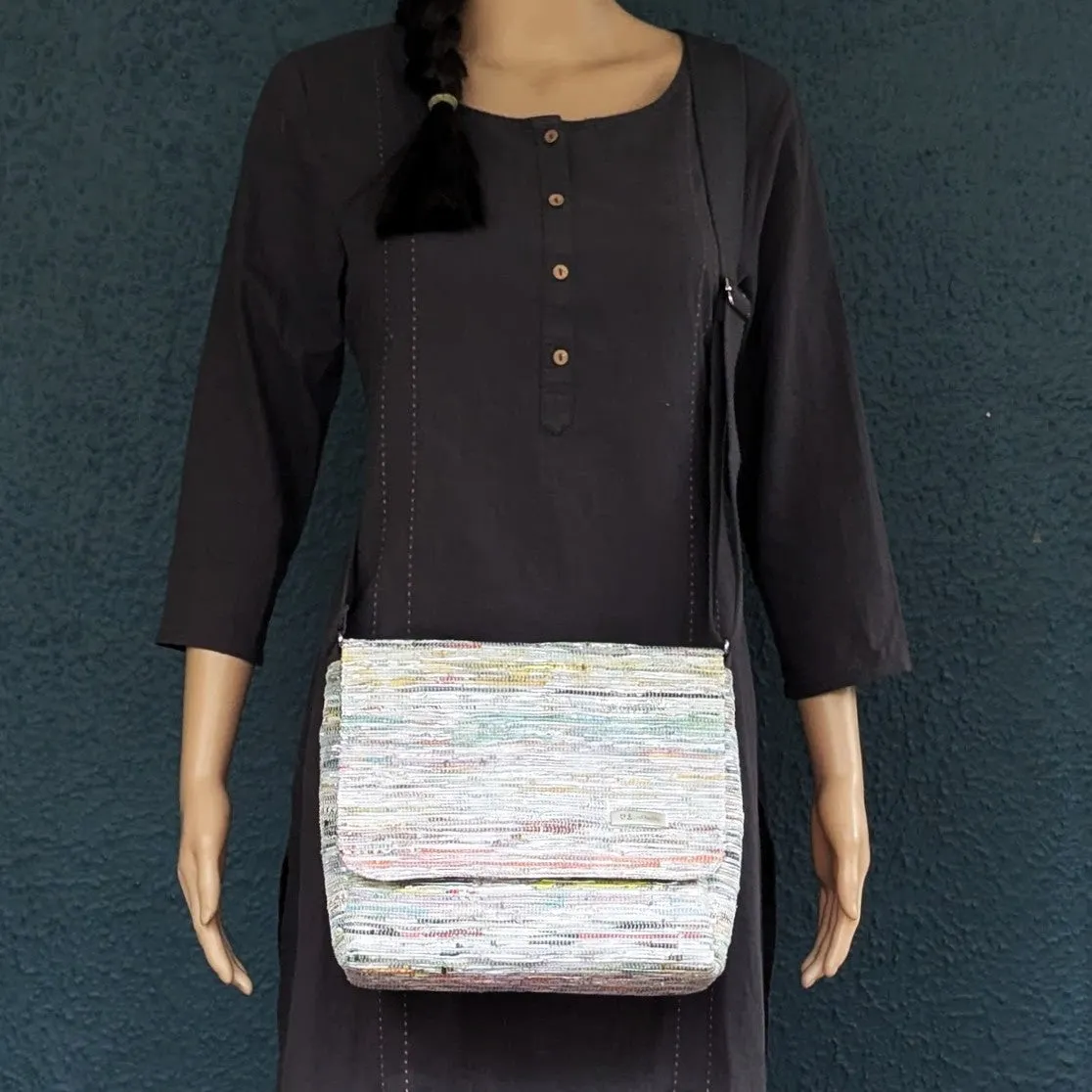 Multicolored Shimmery Upcycled Handwoven Messenger Bag (MB1224-022) PS_W