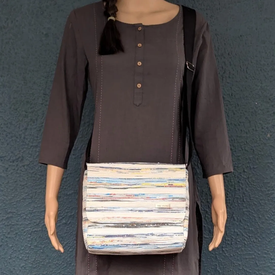 Multicolored Striped Upcycled Handwoven Messenger Bag (MB1224-027) PS_W