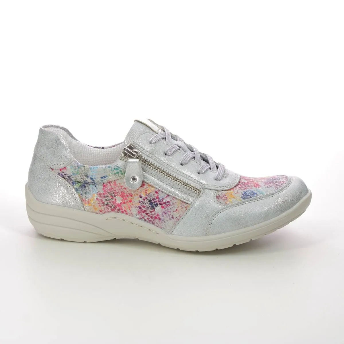 Remonte Leather Silver Floral Lace & Zip Trainer With Fabric Side Panels