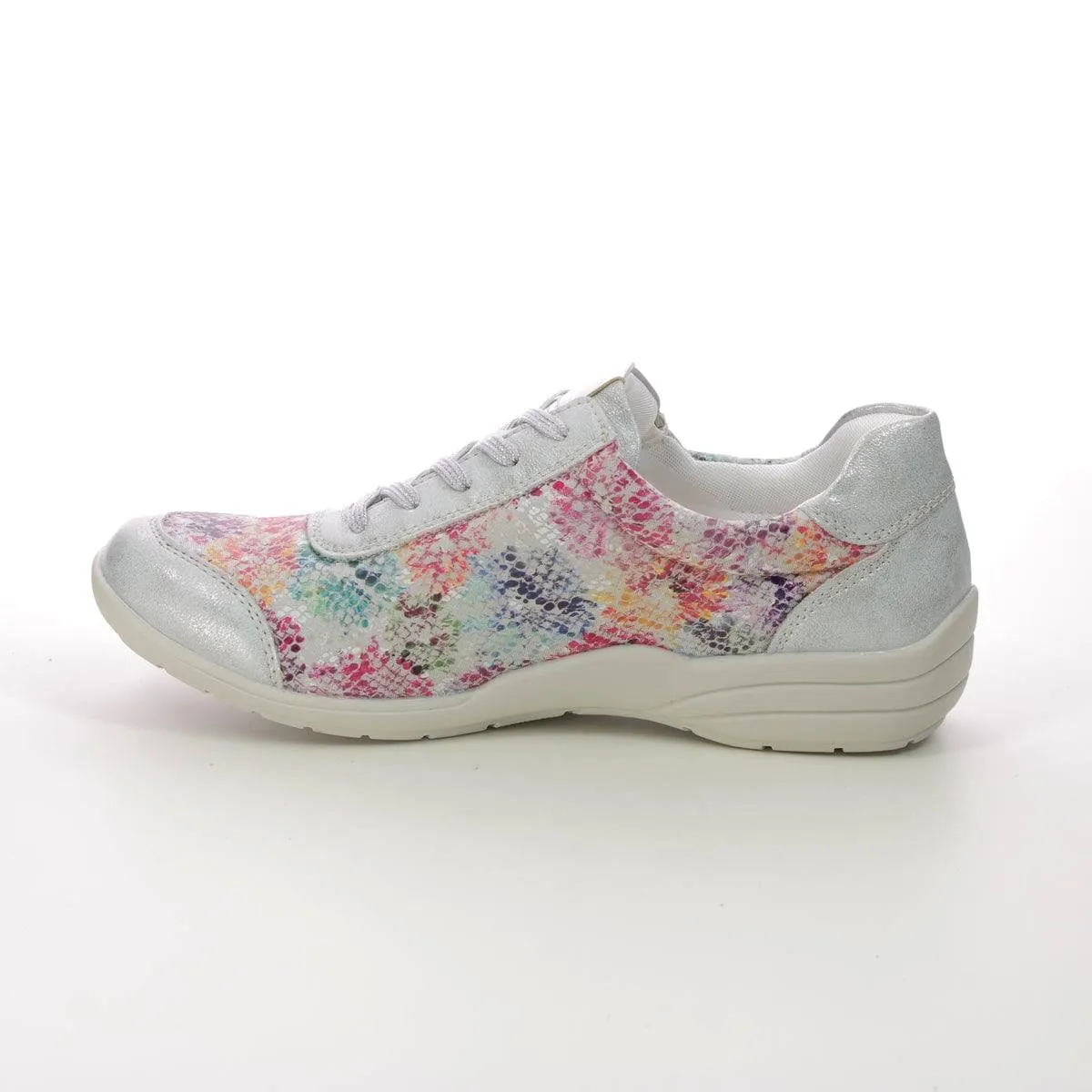 Remonte Leather Silver Floral Lace & Zip Trainer With Fabric Side Panels
