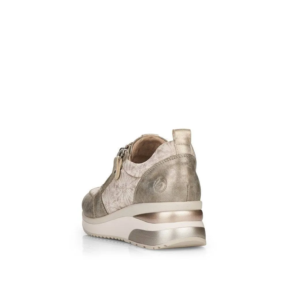 Remonte Soft Gold Metallic Floral Lace & Zip Wedge Trainer