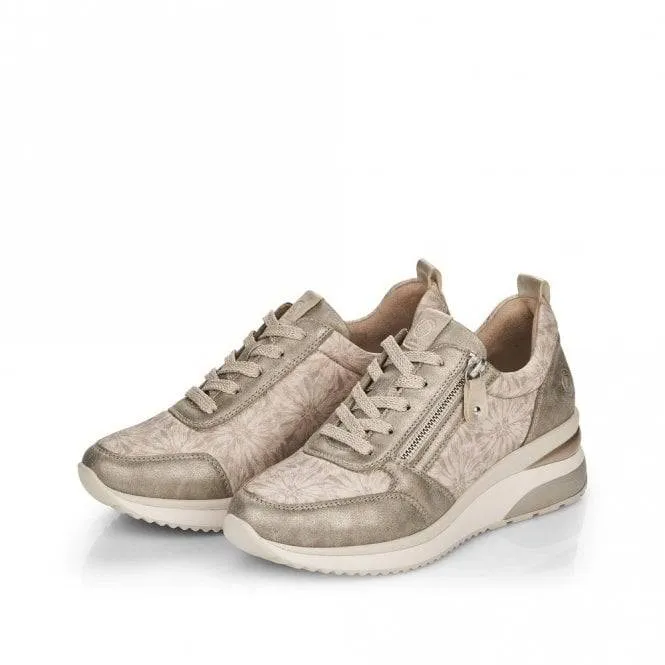 Remonte Soft Gold Metallic Floral Lace & Zip Wedge Trainer