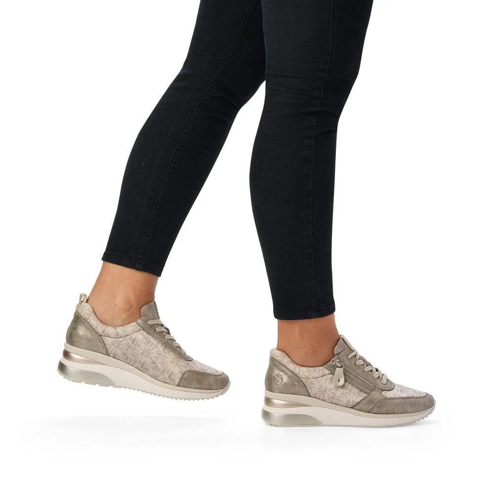Remonte Soft Gold Metallic Floral Lace & Zip Wedge Trainer