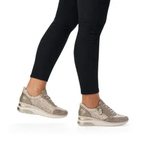 Remonte Soft Gold Metallic Floral Lace & Zip Wedge Trainer