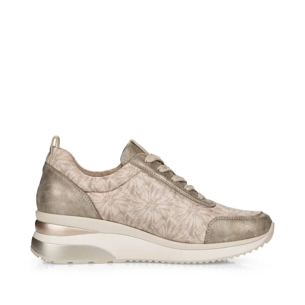 Remonte Soft Gold Metallic Floral Lace & Zip Wedge Trainer