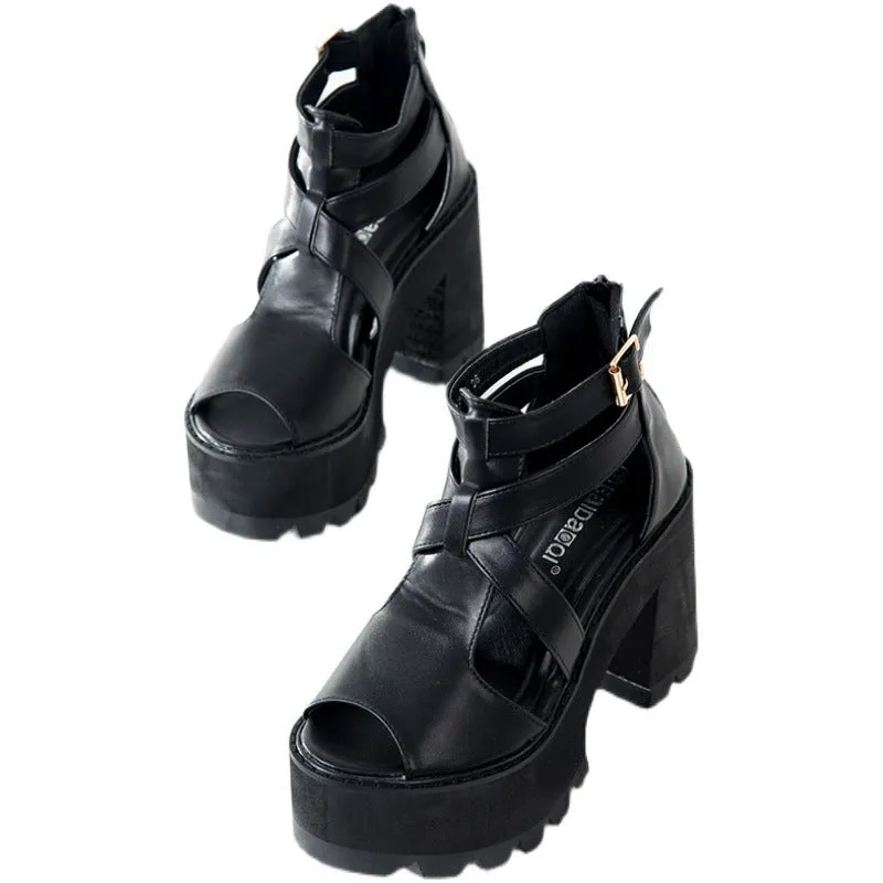 Severin Wraith - Gothic Chunky Heel Sandals by The Nevermore