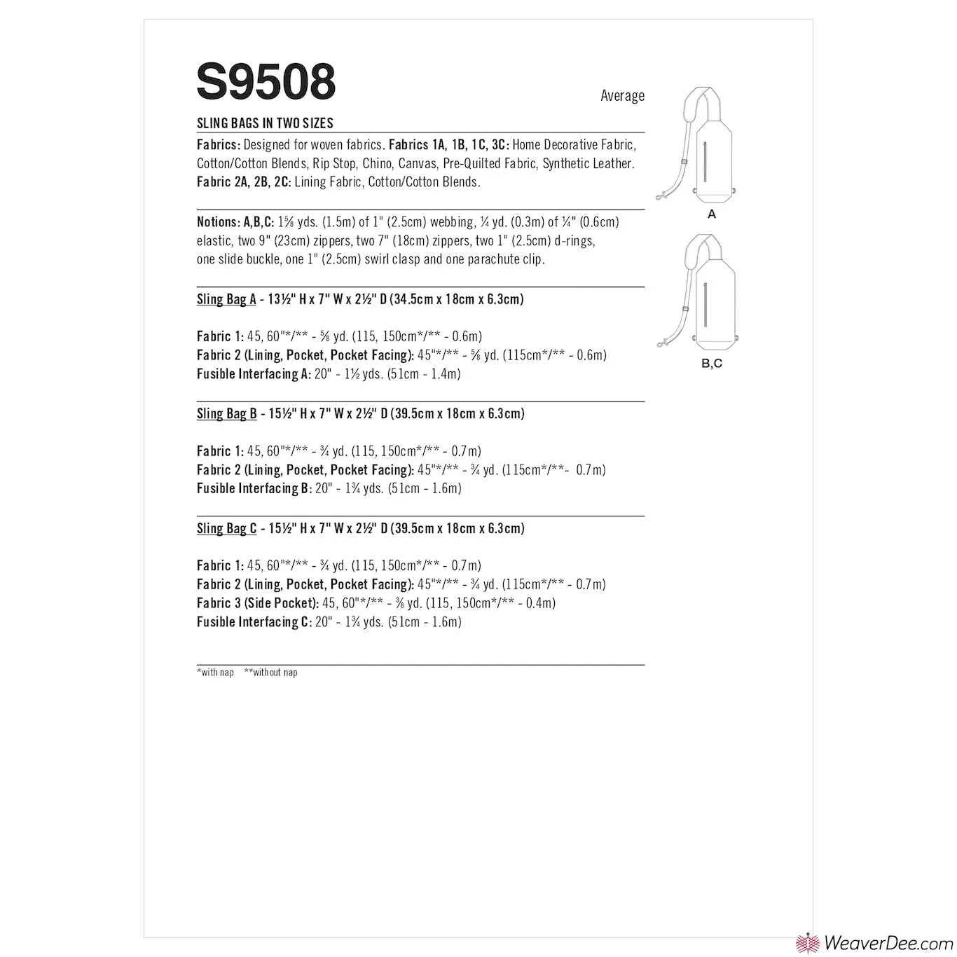 Simplicity Pattern S9508 Sling Bags in 2 Sizes