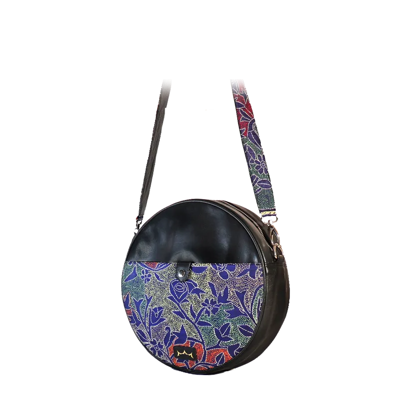 Small Round Leather Bag 9x9 in - with Embroidery