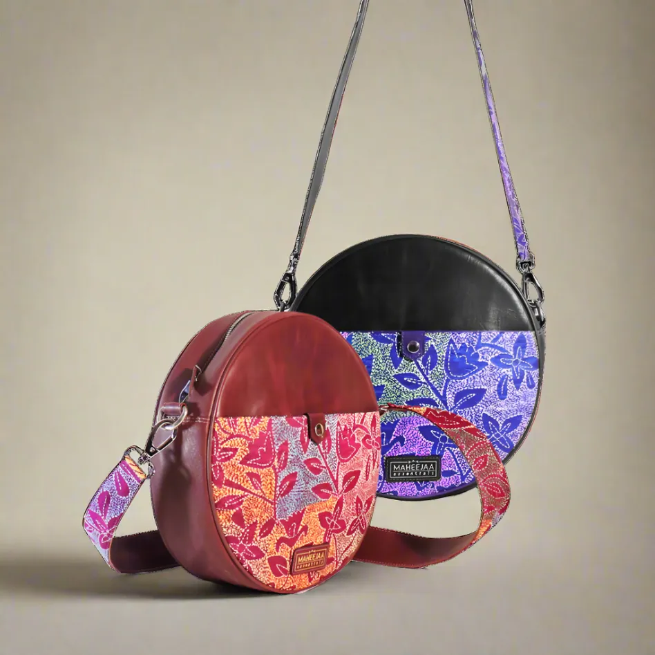Small Round Leather Bag 9x9 in - with Embroidery