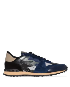 Valentino Garavani Blue Rockstud Rockrunner Camouflage Leather Sneakers