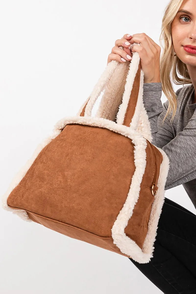 Winter Moonlight Sherpa Trimmed Brown Tote