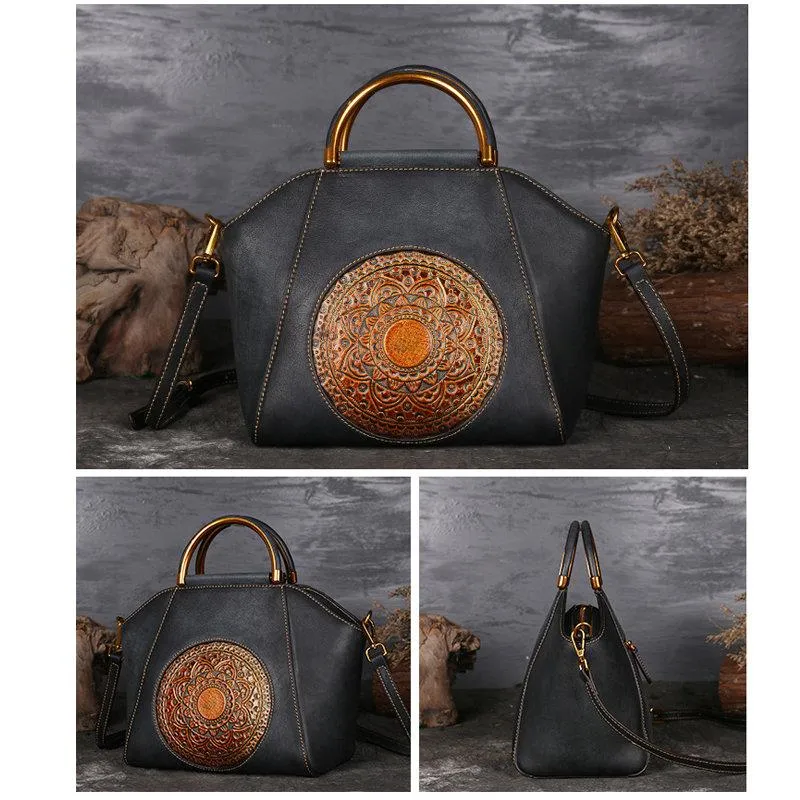 Women Genuine Leather Vintage Totem Designer Handbag Shoulder Bag