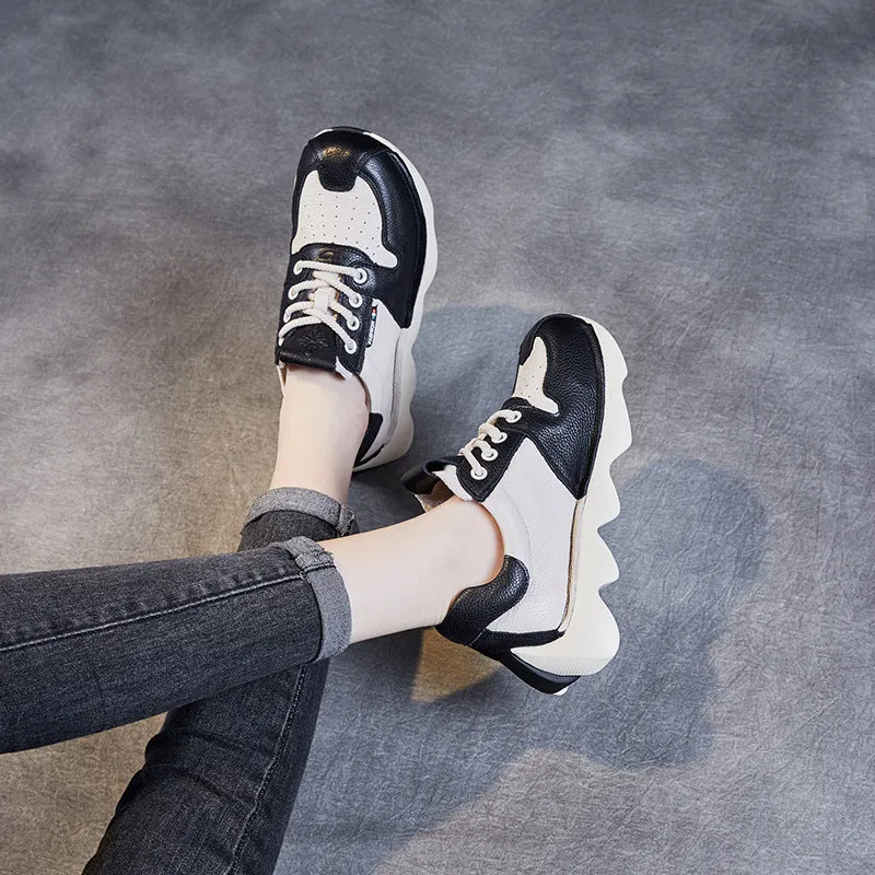 Women Retro Patchwork Leather Platform Sneakers
