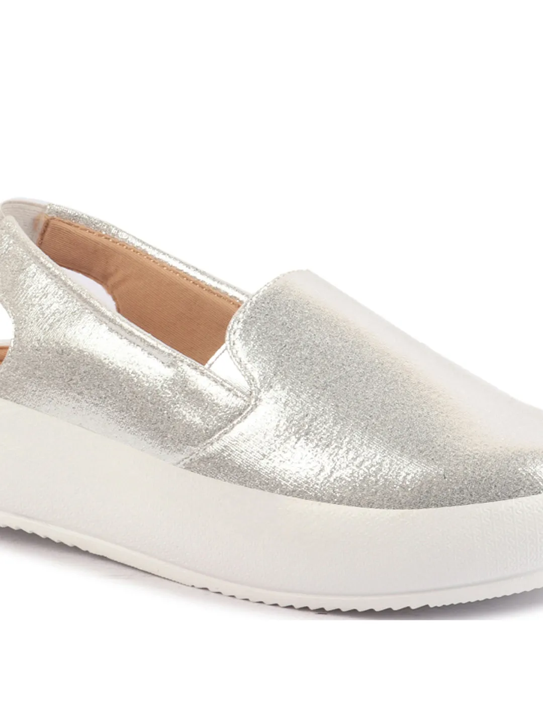 Women Silver Height Enhancer Elastic Closure Back Strap Platform Heel Slip On Shoes|Stylish|Chunky|Weekend|Classic Sneaker Shoes
