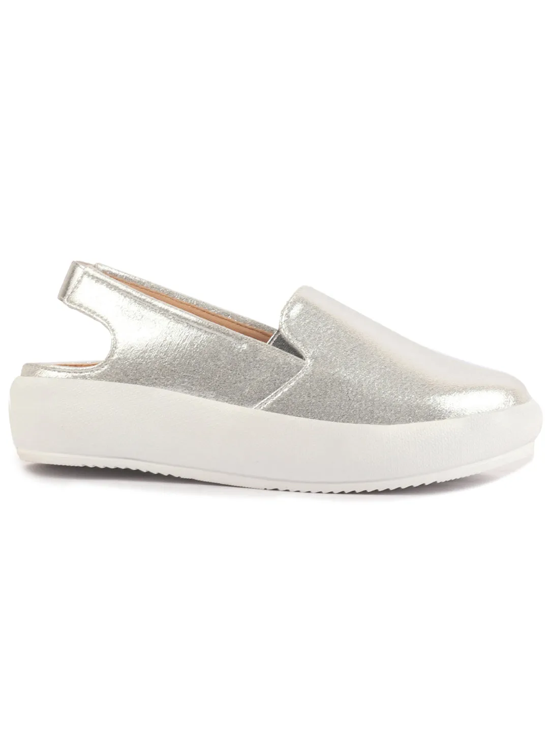 Women Silver Height Enhancer Elastic Closure Back Strap Platform Heel Slip On Shoes|Stylish|Chunky|Weekend|Classic Sneaker Shoes