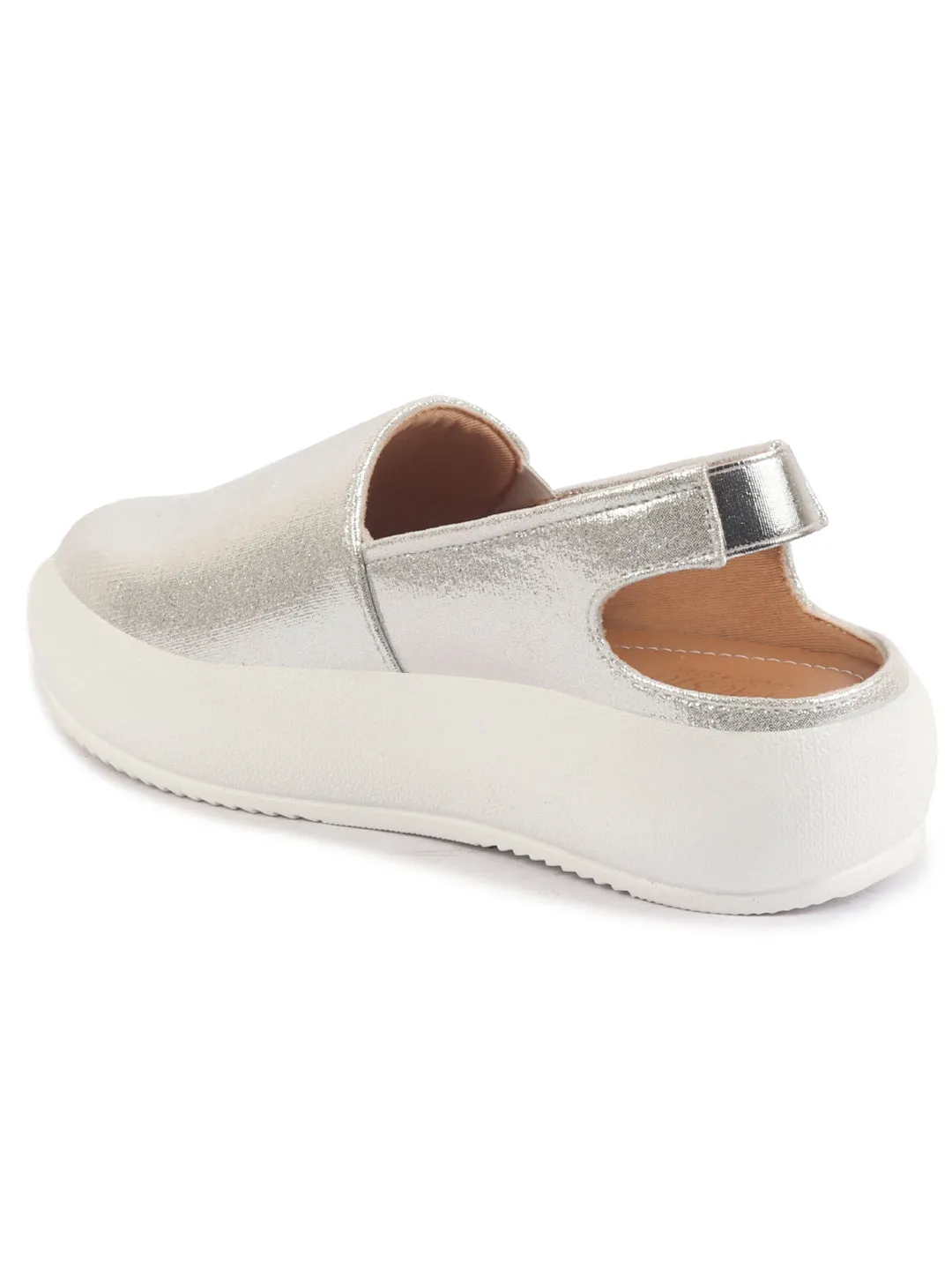 Women Silver Height Enhancer Elastic Closure Back Strap Platform Heel Slip On Shoes|Stylish|Chunky|Weekend|Classic Sneaker Shoes