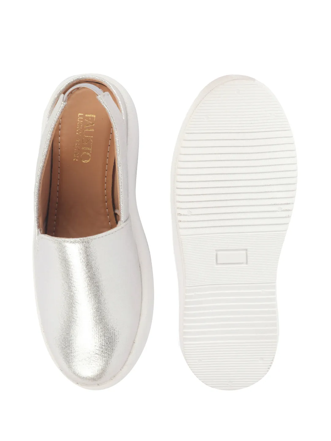 Women Silver Height Enhancer Elastic Closure Back Strap Platform Heel Slip On Shoes|Stylish|Chunky|Weekend|Classic Sneaker Shoes
