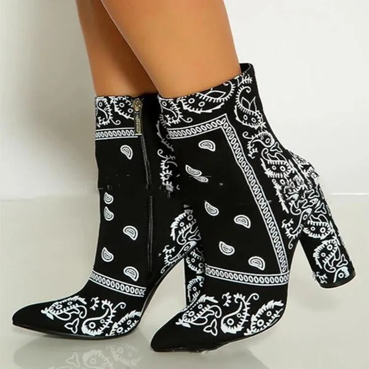 Women's Chunky Heel Pointed Toe Bandana Boots