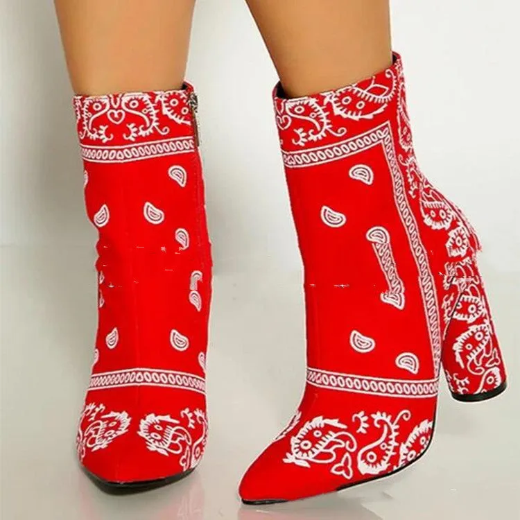 Women's Chunky Heel Pointed Toe Bandana Boots