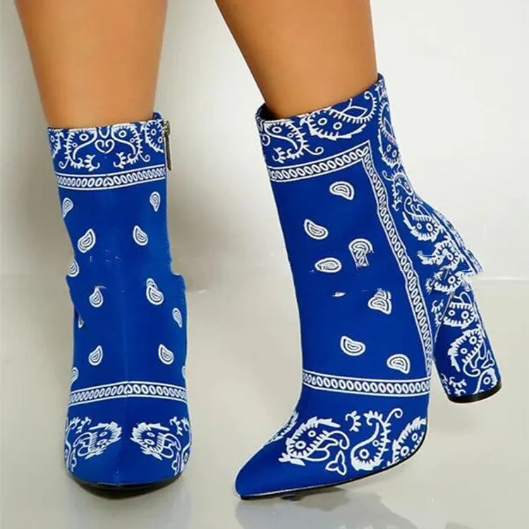 Women's Chunky Heel Pointed Toe Bandana Boots