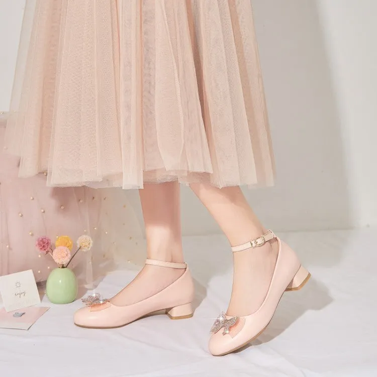 Women's Shallow Rhinestone Bow Tie Block Heel Pumps