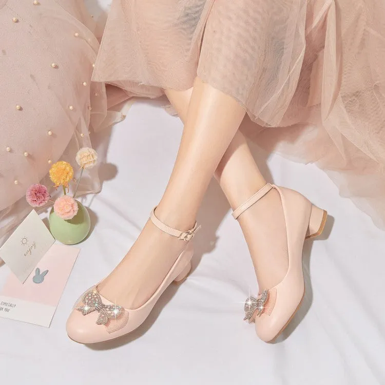 Women's Shallow Rhinestone Bow Tie Block Heel Pumps
