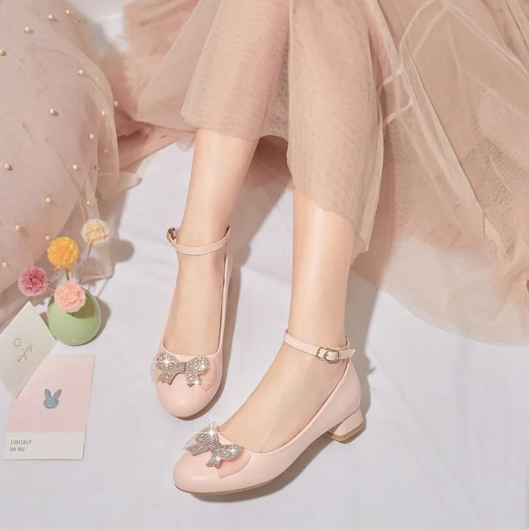 Women's Shallow Rhinestone Bow Tie Block Heel Pumps