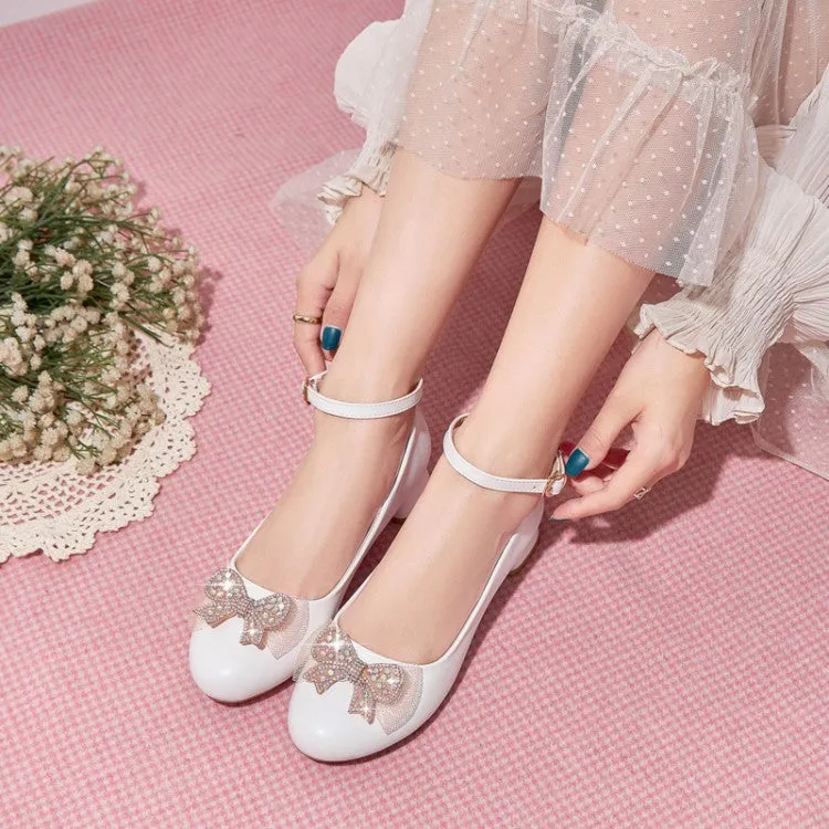 Women's Shallow Rhinestone Bow Tie Block Heel Pumps