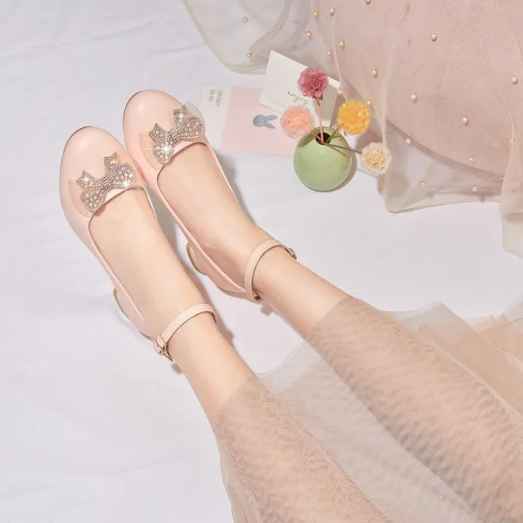 Women's Shallow Rhinestone Bow Tie Block Heel Pumps