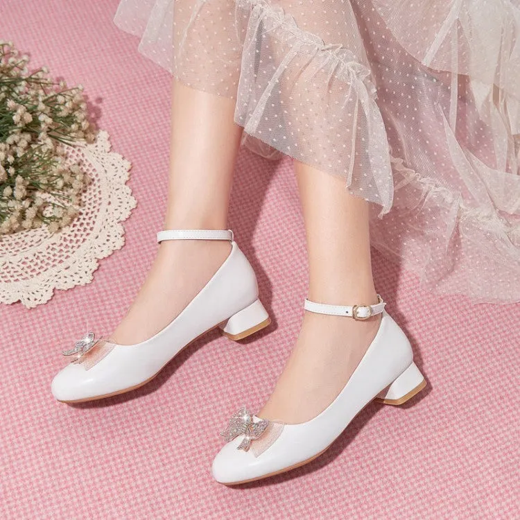 Women's Shallow Rhinestone Bow Tie Block Heel Pumps
