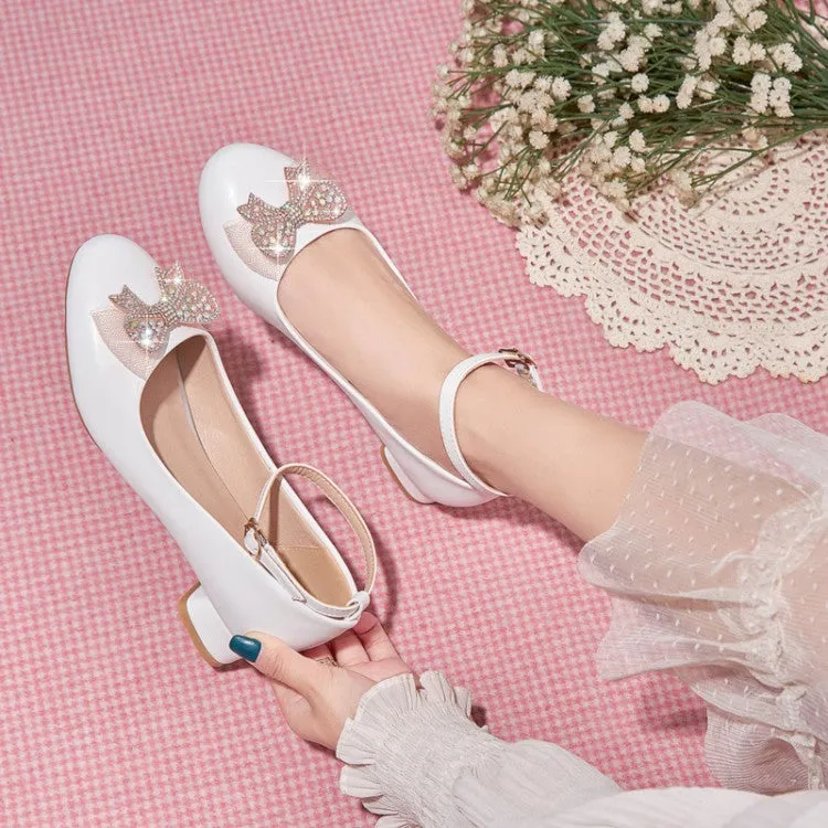 Women's Shallow Rhinestone Bow Tie Block Heel Pumps
