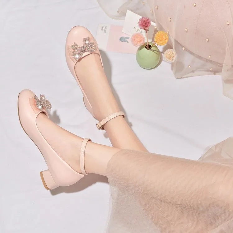 Women's Shallow Rhinestone Bow Tie Block Heel Pumps
