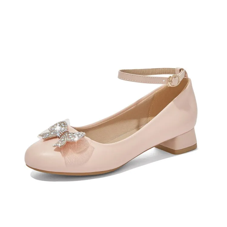 Women's Shallow Rhinestone Bow Tie Block Heel Pumps