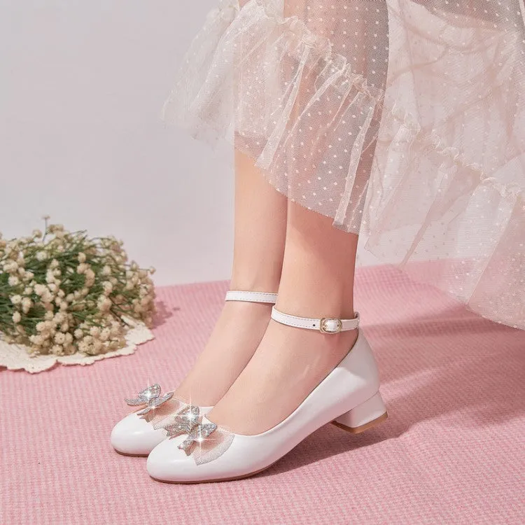 Women's Shallow Rhinestone Bow Tie Block Heel Pumps