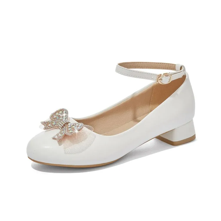 Women's Shallow Rhinestone Bow Tie Block Heel Pumps