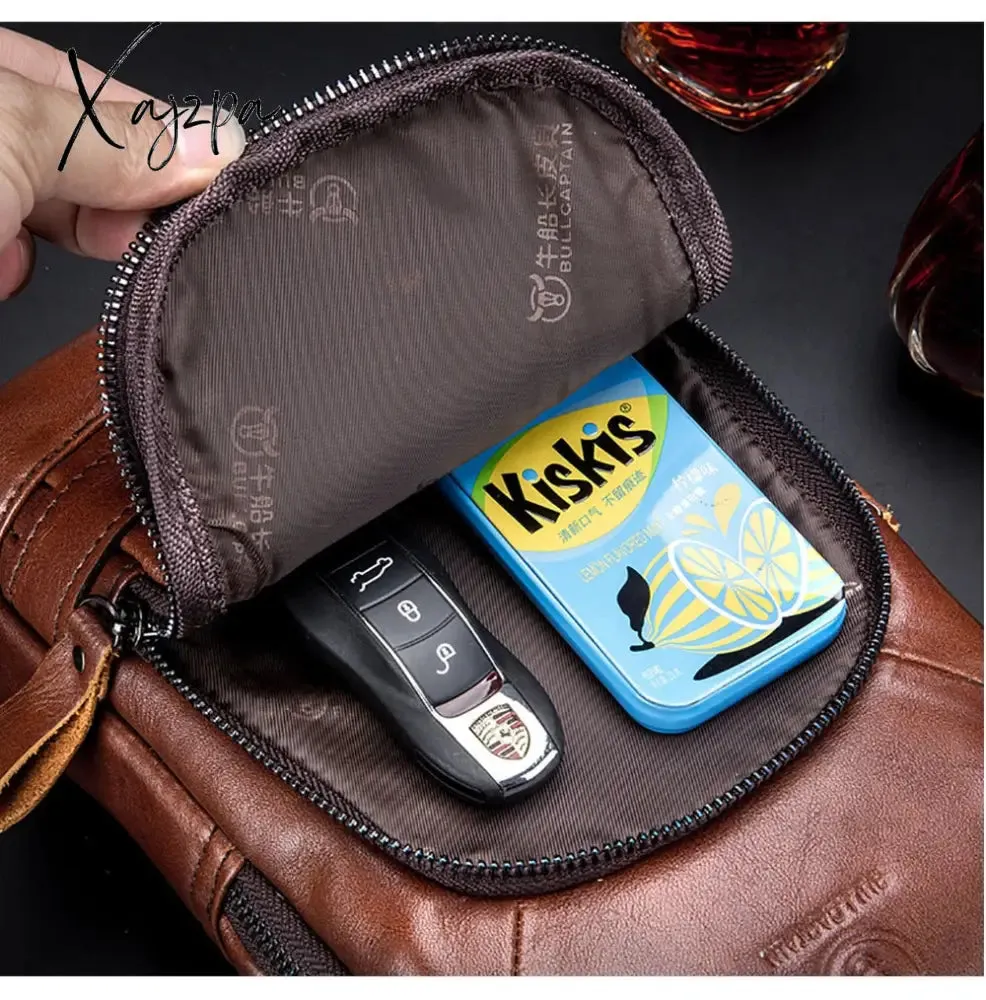Xajzpa - Men's Retro Top Layer Cowhide Genuine Leather Shoulder Bags Pack USB Crossbody Travel Sling Messenger Pack Chest Bag for Male