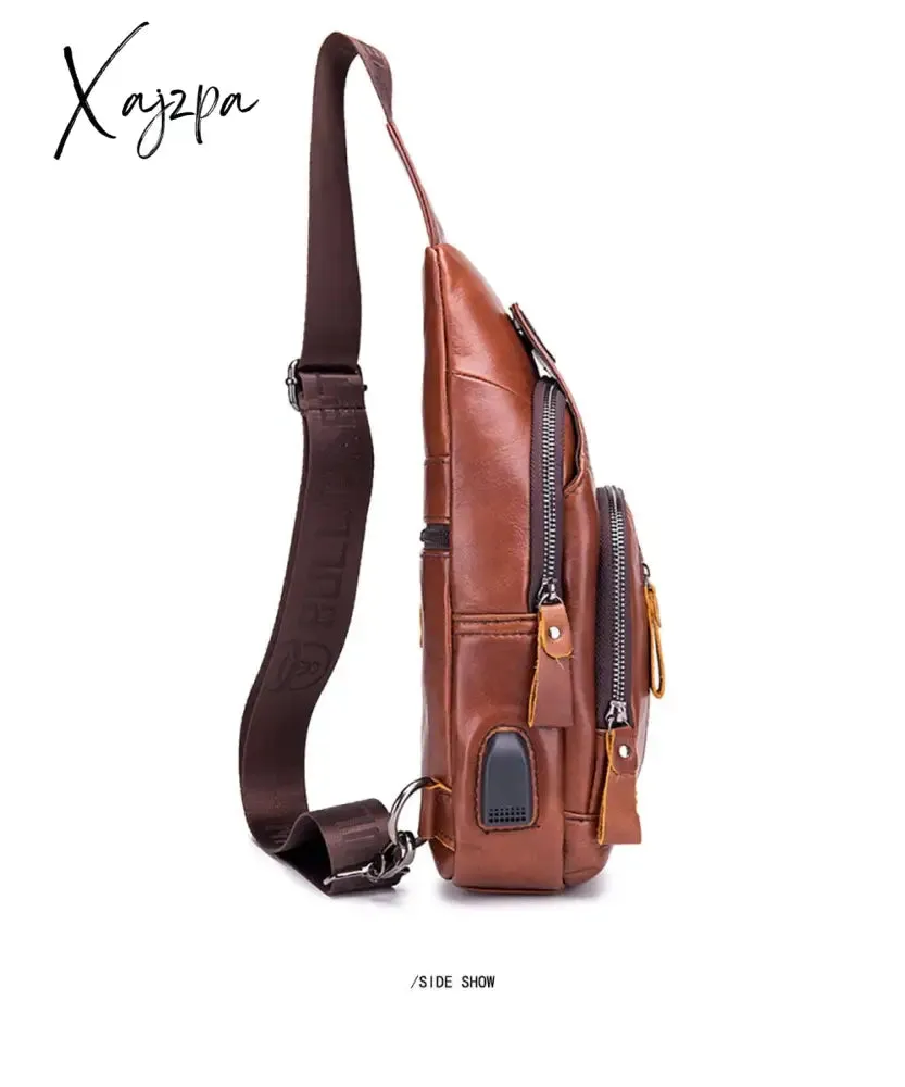 Xajzpa - Men's Retro Top Layer Cowhide Genuine Leather Shoulder Bags Pack USB Crossbody Travel Sling Messenger Pack Chest Bag for Male