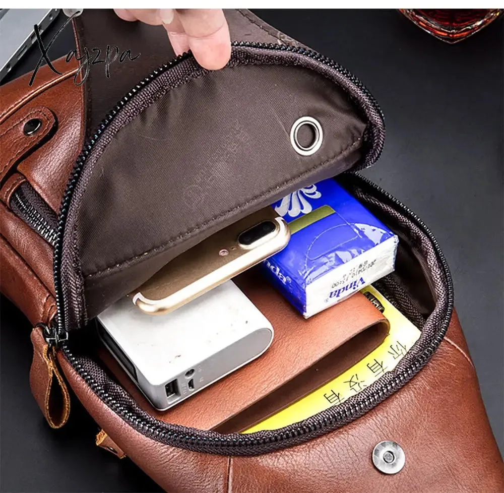Xajzpa - Men's Retro Top Layer Cowhide Genuine Leather Shoulder Bags Pack USB Crossbody Travel Sling Messenger Pack Chest Bag for Male