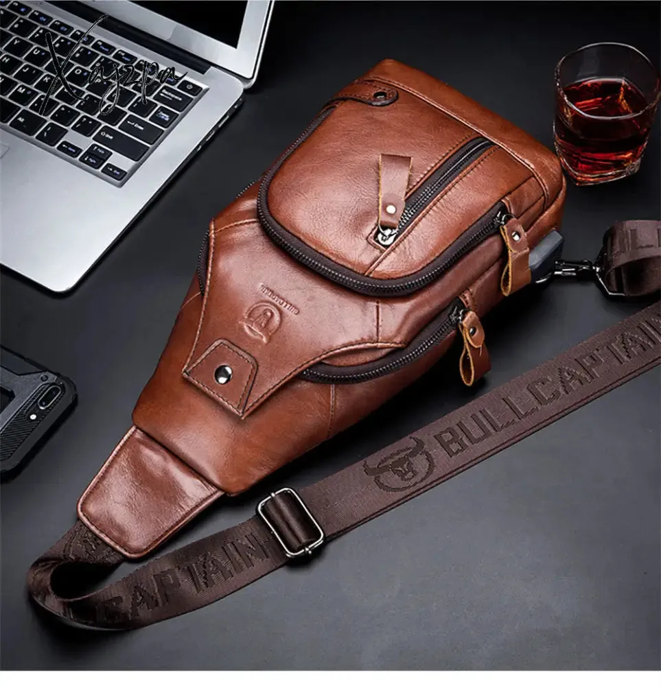 Xajzpa - Men's Retro Top Layer Cowhide Genuine Leather Shoulder Bags Pack USB Crossbody Travel Sling Messenger Pack Chest Bag for Male