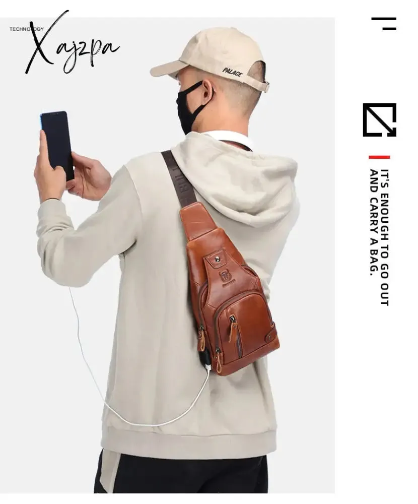 Xajzpa - Men's Retro Top Layer Cowhide Genuine Leather Shoulder Bags Pack USB Crossbody Travel Sling Messenger Pack Chest Bag for Male