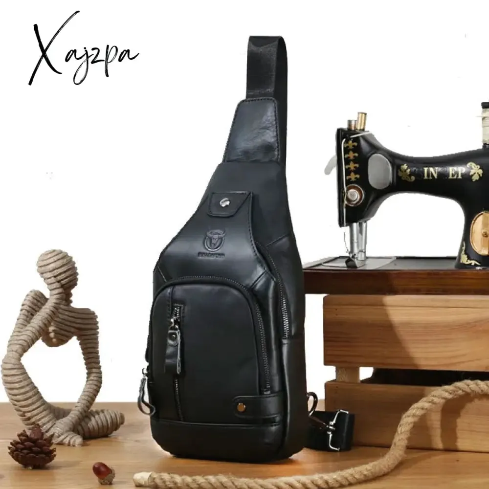 Xajzpa - Men's Retro Top Layer Cowhide Genuine Leather Shoulder Bags Pack USB Crossbody Travel Sling Messenger Pack Chest Bag for Male
